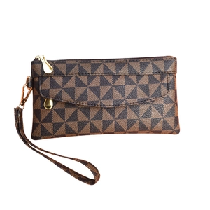 Women's plaid wristlet bag with geometric brown pattern and gold metal zipper detail