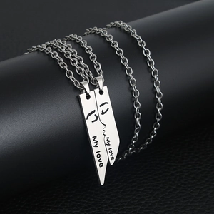 Polished silver stainless steel couple necklace set with My Love engraving