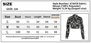 Size guide for women's camo cropped jacket with bust, waist, and length measurements