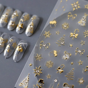 Golden Christmas nail stickers with 3D snowflakes and reindeer for holiday manicure