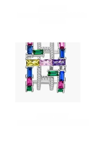 Macro view of multi-color rectangle gemstones on gold-plated S925 sterling silver ring