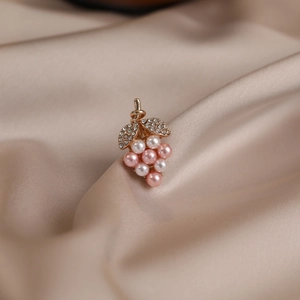 Elegant grape cluster brooch with pink and white pearls and gold zircon-encrusted leaves
