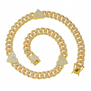 Cuban Link Necklace Bracelet Alloy Glass Rhinestone Iced Out Heart Pendant Hip Hop Streetwear Men Women Jewelry
