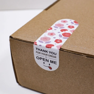 Floral rectangular thank you stickers for packaging with cute emoji on brown box