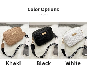Detailed comparison of V-quilted crossbody bags in khaki, black, and white with woven straps