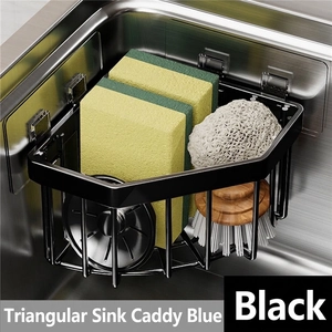 Black stainless steel corner sink organizer rack for sponges and brushes with drainage design
