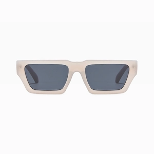 Front view of stylish beige rectangular sunglasses with dark grey lenses in high detail