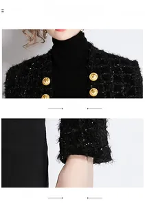 Detail of tweed jacket featuring golden lion embossed buttons and woven texture