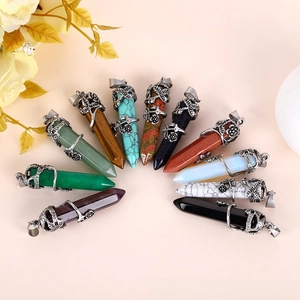 Detailed collection of hexagonal natural stone pendants with vintage rose metal filigree