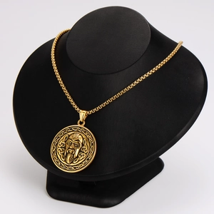 Golden Viking Odin pendant necklace in stainless steel with Nordic Celtic knot patterns