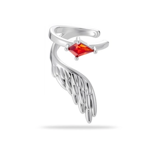 Silver angel wing ear cuff featuring a rhombic red gemstone in a minimalist design