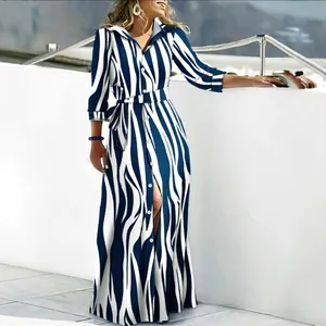 Women Long Sleeve Maxi Shirt Dress Polyester Button Down Lapel Collar Tie Waist Belt Printed Side Slit Casual Vacation