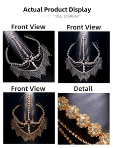 Detailed view of rhinestone tassel mask with silver and gold metallic fringe for events