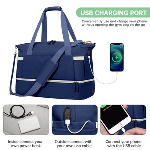 Detail showing external USB charging port on navy blue gym bag with white zipper accents