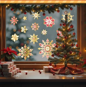 Detailed view of elegant gold and red snowflake window stickers for festive holiday decor