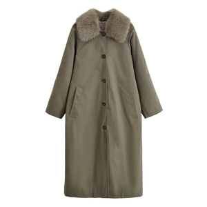 Women's olive green mid-length trench coat with a large detachable gray faux fur collar