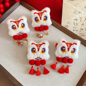 Plush Chinese New Year lion dance hair clips with tassels and bells in festive red and white