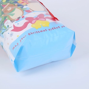 Christmas drawstring gift bag with Santa and snowman prints in blue and white colors