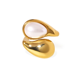 Minimalist gold adjustable ring with polished waterdrop pearl and floral geometric design