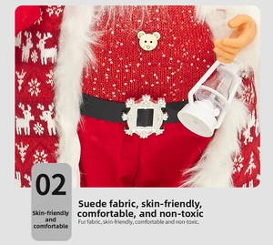 Detail of Santa doll featuring deer pattern knit sweater and white faux fur collar