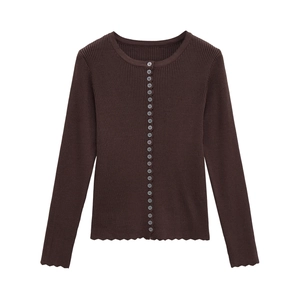 Slim fit dark brown ribbed knit cardigan with lettuce edge and round neck button closure