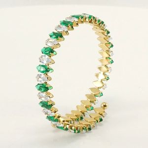 Adjustable 18K gold plated stainless steel bangle with green and white marquise stones