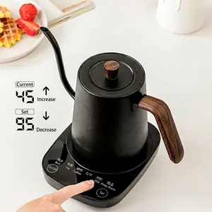 Matte black gooseneck electric kettle with wood handle and smart temperature control base