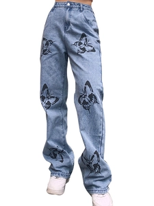 Women high waisted wide leg jeans in light blue denim with black butterfly print