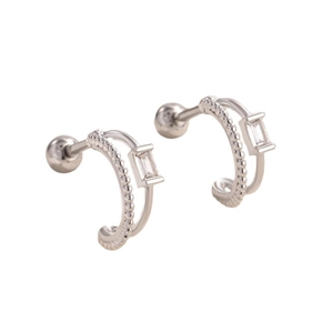 Silver double-loop stud earrings with cubic zirconia and screw back on white background