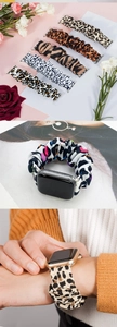 Vertical view of diverse leopard and zebra print scrunchie bands for Apple Watch