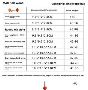 Detailed size and weight specifications for wooden LED Christmas ornaments with varied shapes