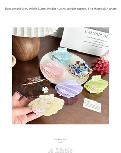 Group of colorful seashell-shaped acetate hair claws displayed on a decorative plate