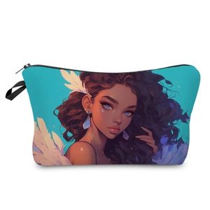 Detail of teal makeup bag with black girl art print, zipper and side handle