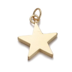Close-up of a polished gold five-pointed star pendant with top connecting ring on white base