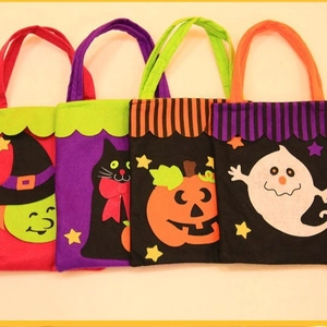 Set of 4 Halloween non-woven gift bags with witch, cat, pumpkin, and ghost designs