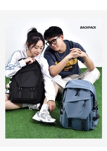 Lifestyle shot of black and blue nylon backpacks for couples in an outdoor park setting