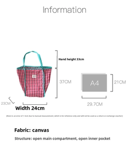 Size chart for canvas tote bag showing dimensions and A4 paper comparison