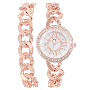 Fashion Rhinestone Quartz Analog Watch And Matching Cuban Link Chain Bracelet Luxury Jewelry Gift For Women