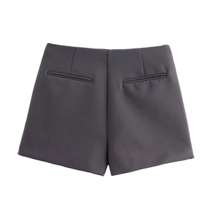 Detail view of charcoal grey high waisted shorts showing symmetrical back pocket design
