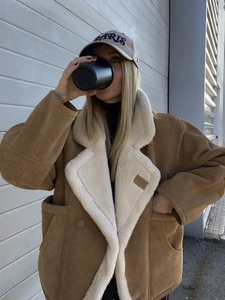 Veste En Suédine Doublée De Faux Mouton Femme Vintage Ample Chaude Revers Boutonné Manteau Streetwear Avec Poches