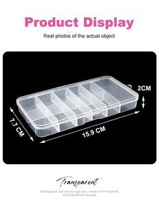 Detailed view of translucent 11-grid nail art storage box showing dimensions 15.9x7.7x2cm