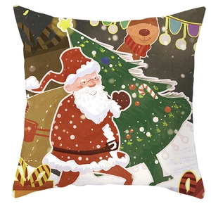 Detail of Santa Claus illustration on square pillowcase with reindeer and Christmas tree