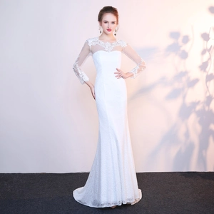 Lace Mermaid Wedding Dress Long Sleeve Backless Illusion Neckline Elegant Bridal Gown White Floor Length Evening Party