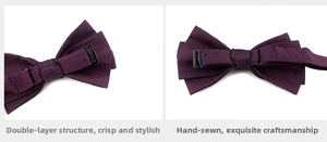 Detail of burgundy bowtie with blue polka dots showing adjustable hook and hand-sewn craft
