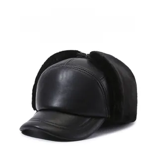 Detailed close-up of faux leather baseball cap with thick plush ear flaps for winter warm