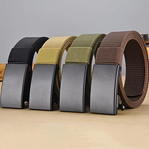 Tactical nylon belts in black, khaki, army green, and brown with matte metal buckles