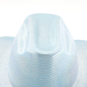 Detailed macro view of light blue metallic mesh texture on a western cowboy hat