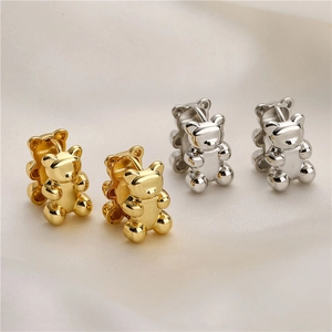 Cute Stereoscopic Bear Huggie Hoop Earrings Copper 18K Gold Plated Polished Animal Dangle Jewelry For Women