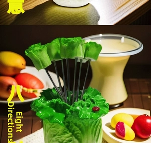 Macro view of a creative cabbage-shaped base and stainless steel fruit forks in a set