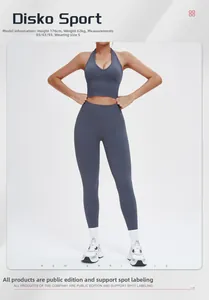 Détail de l'ensemble de yoga sans couture bleu avec débardeur et legging taille haute
